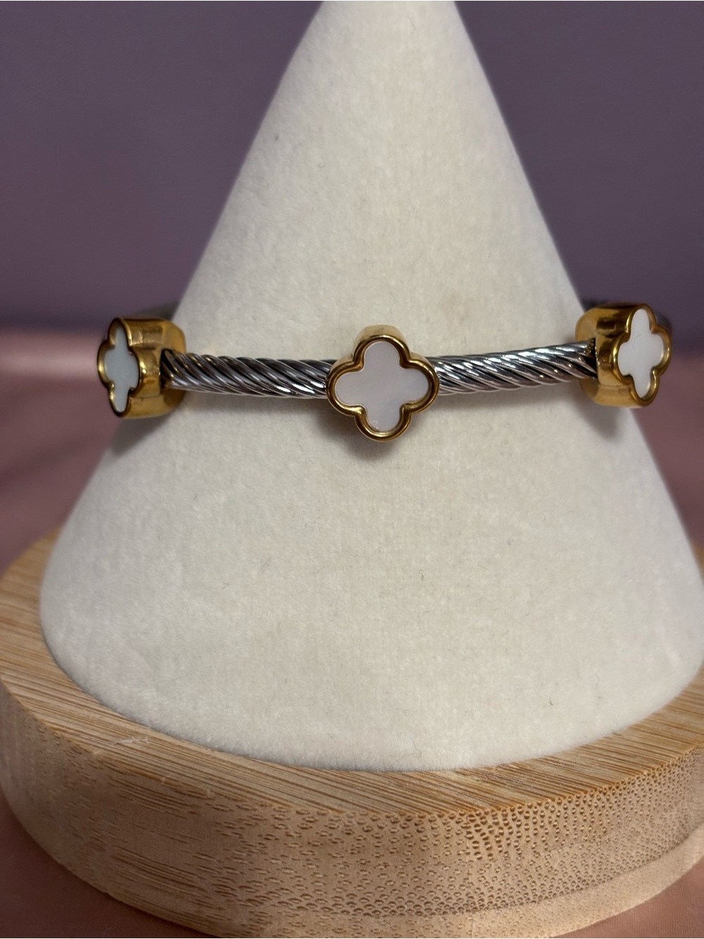 Gold & Silver Clover Cable Open Bangle Bracelet - White Accents mixed metal